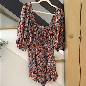 Free People Vibrant Floral Puff Sleeve Blouse